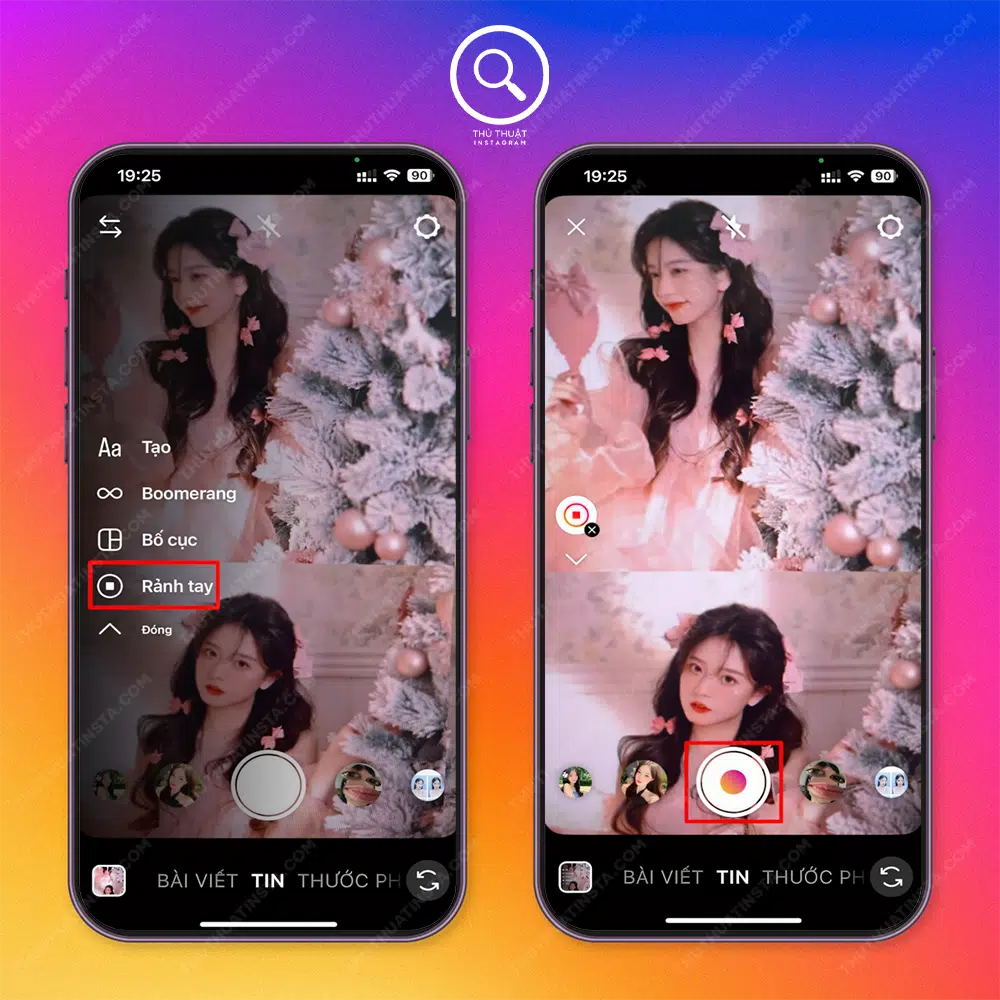 Bước 3: Chọn “Rảnh tay” → Chọn “Biểu tượng hình tròn” để quay video trên instagram. Bấm dừng khi đã quay xong hoặc để dừng tự động lên tới 60 giây.