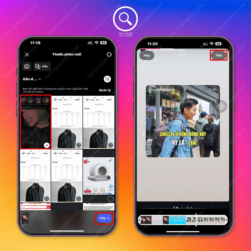 Bước 3: Vào Instagram > Nhấn dấu cộng bên dưới > Chọn video vừa quay lại > Tiếp > Cắt video cho phù hợp > Tiếp.