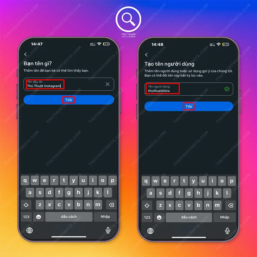 Bước 3: Đặt tên > Tiếp > Tạo username > Tiếp.