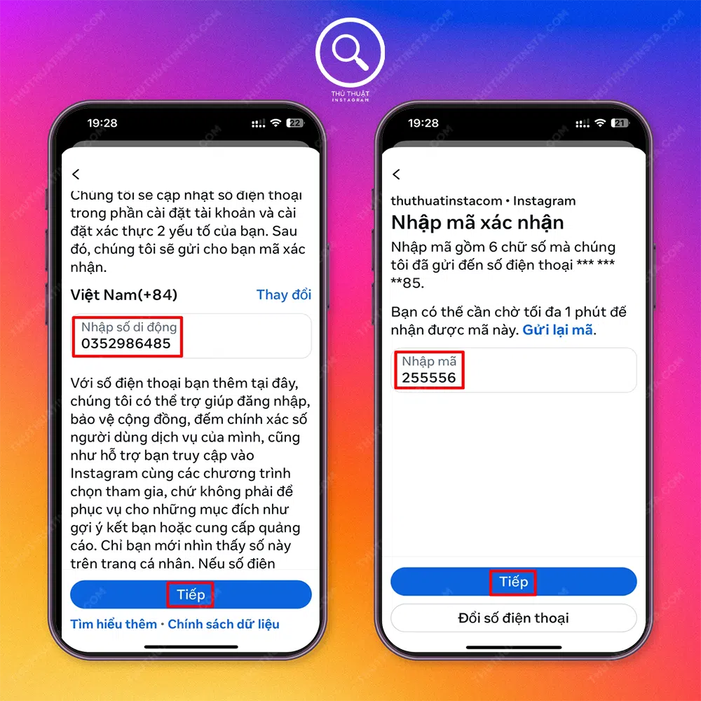 Bước 4: Nhập số điện thoại → Nhập mã đã nhận → Chọn “Tiếp”.