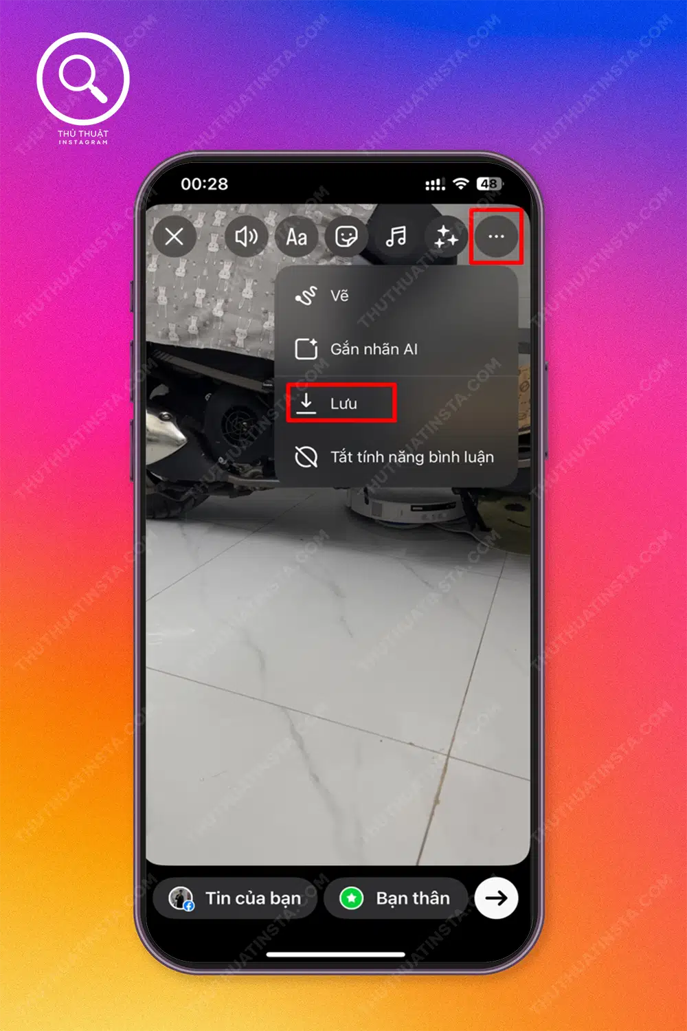 Bước 4: Sau khi tạo video xong → Chọn “Biểu tượng dấu 3 chấm” → Chọn “Lưu hoặc chia sẻ”.