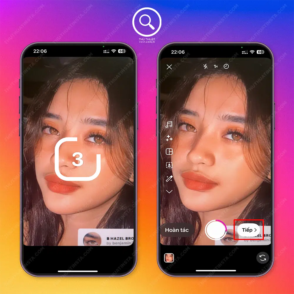 Bước 4: Sau 3 giây sẽ bắt đầu quay video thời gian do bạn cài đặt → Chọn “Tiếp” để lưu ảnh hoặc chia sẻ.