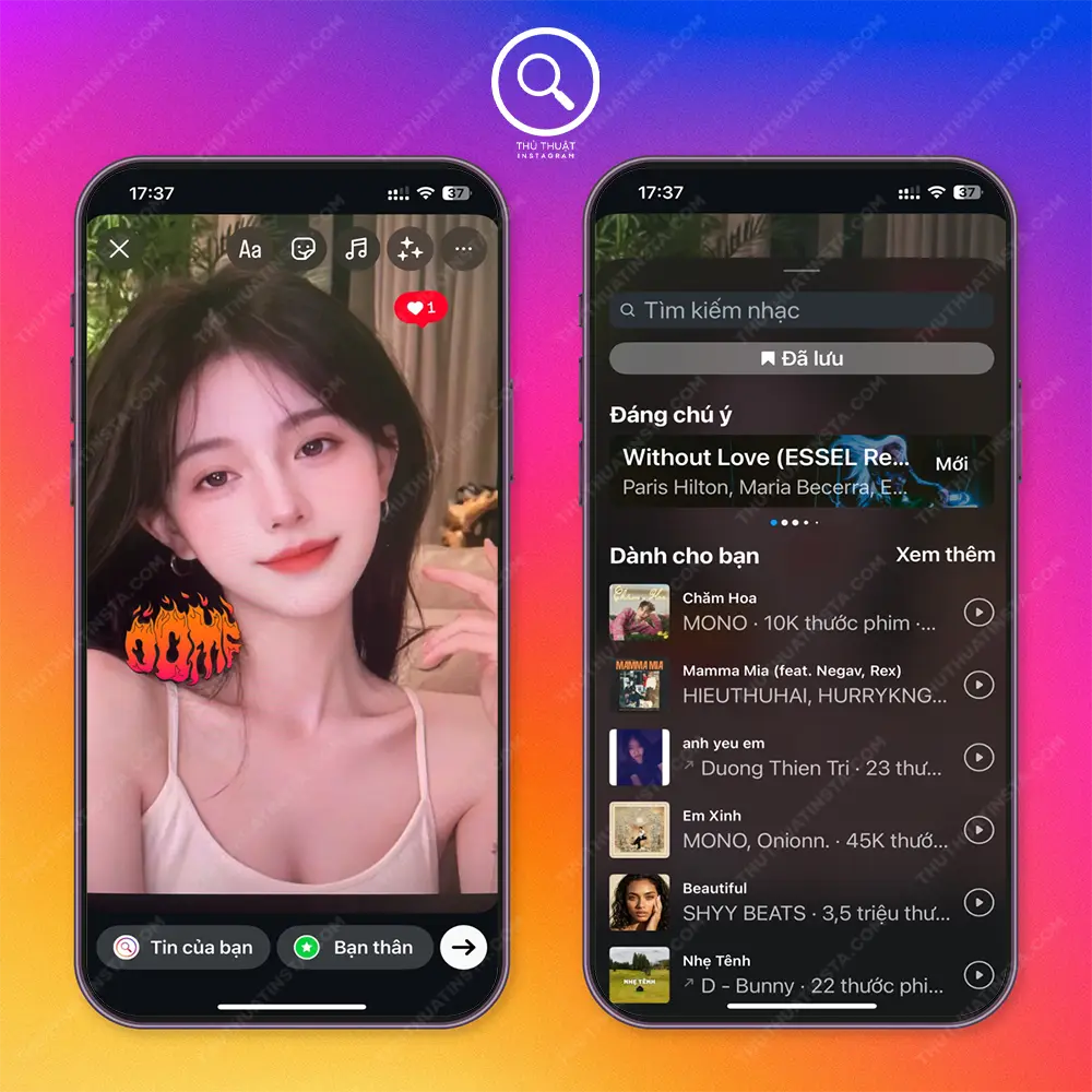 Bước 4: Gắn nhãn dán, chèn nhạc vô trong ảnh và video của bạn.