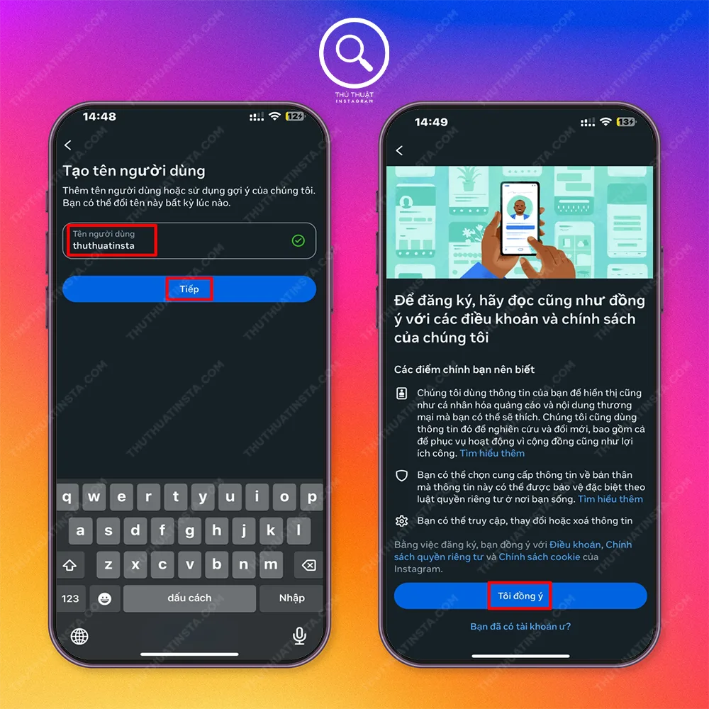Bước 4: Thiết lập username cho tài khoản > Tiếp > Tôi đồng ý.