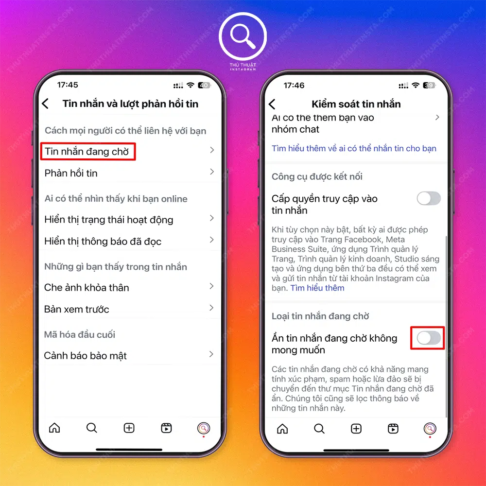 Bước 5: Chọn “Tin nhắn đang chờ” → Chọn “Ẩn tin nhắn đang chờ không mong muốn”.
