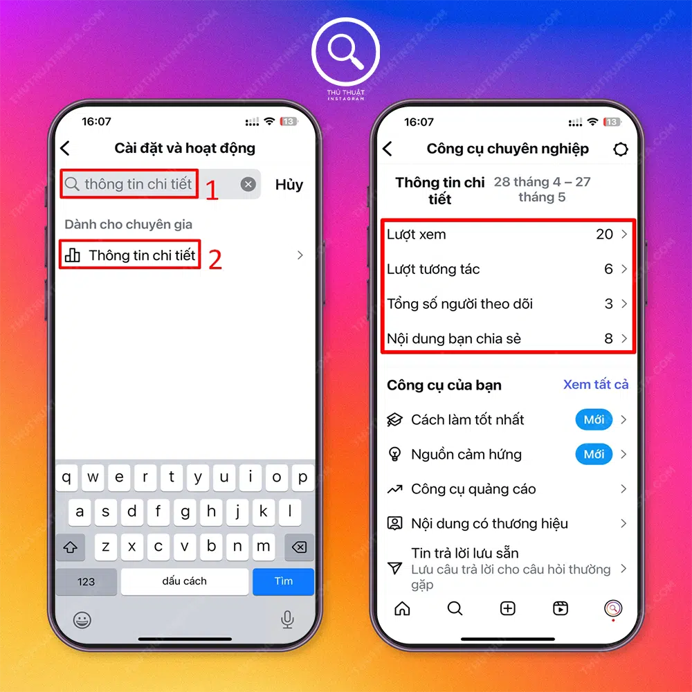 Bước 6: Search “Thông tin chi tiết” trên thanh tìm kiếm → Chọn “Thông tin chi tiết”.