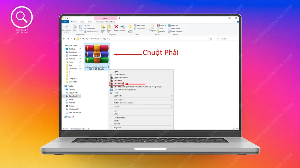 Bước 7: Chuột phải vào File đã tải về → Chọn “Extract Here” để giải nén file.