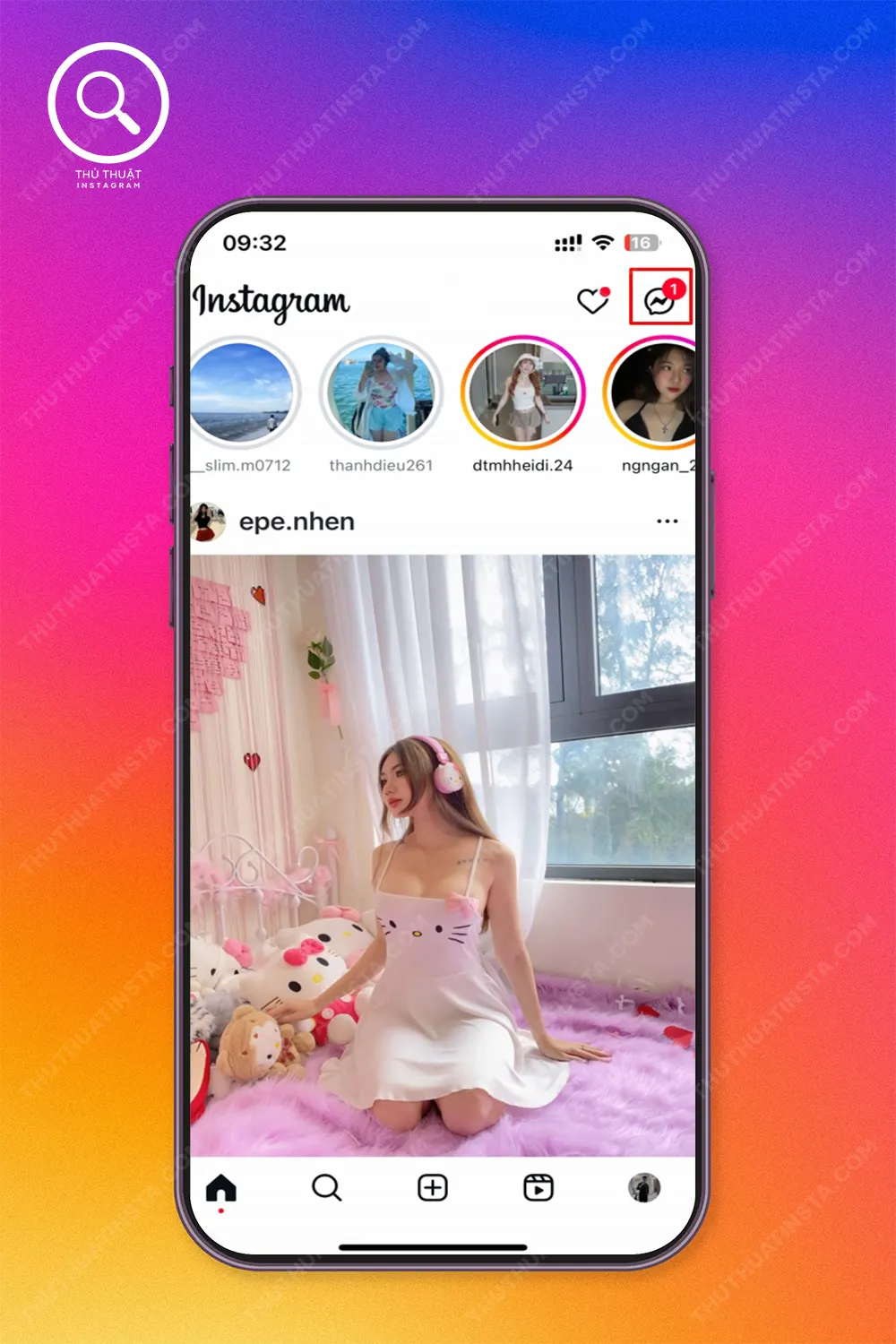 Bước 1: Mở “Instagram” → Chọn “Biểu tượng chữ Tin nhắn”.