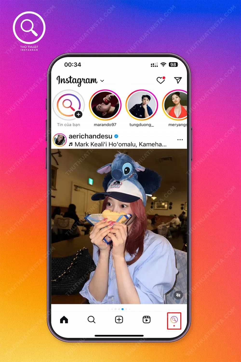 Bước 1: Truy cập instagram → Chọn “Biểu tượng avatar” bên dưới góc phải màn hình.