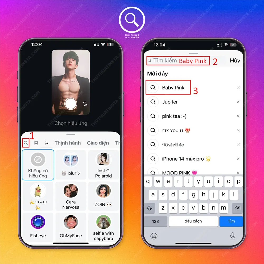 1: Chọn kính lúp2: Nhập tên filter 3: Chọn tên filter bạn muốn dùng