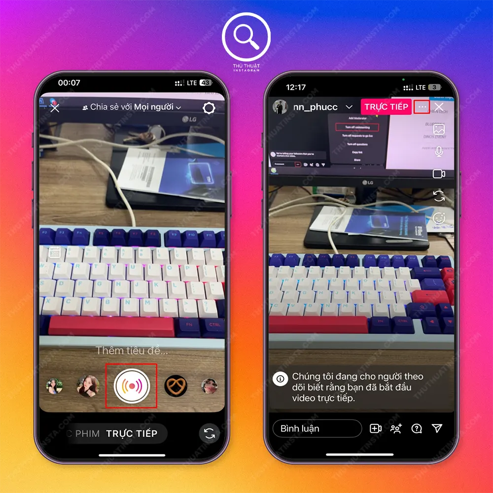 Bước 1: Bật Livestream → Chọn “Dấu 3 chấm góc trên bên phải”