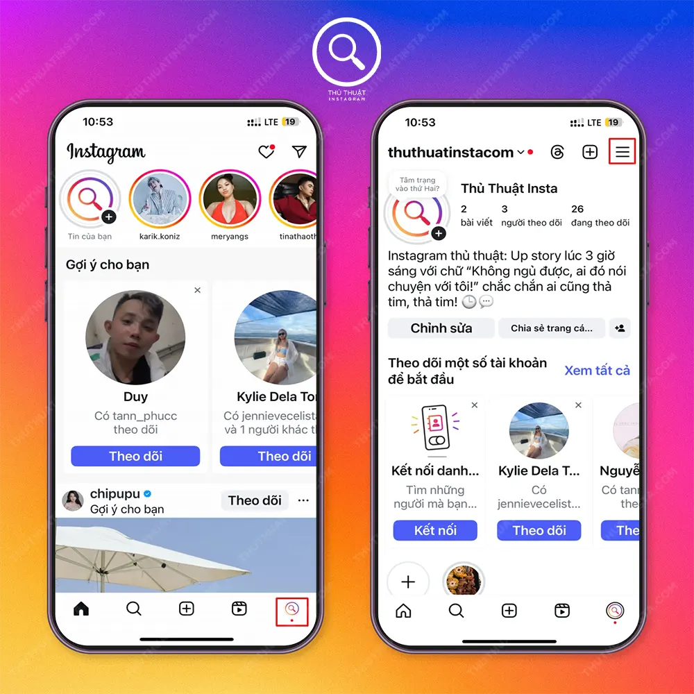 Bước 1: Truy cập instagram → Chọn “Biểu tượng avatar” → Chọn “Biểu tượng 3 dấu gạch ngang”.