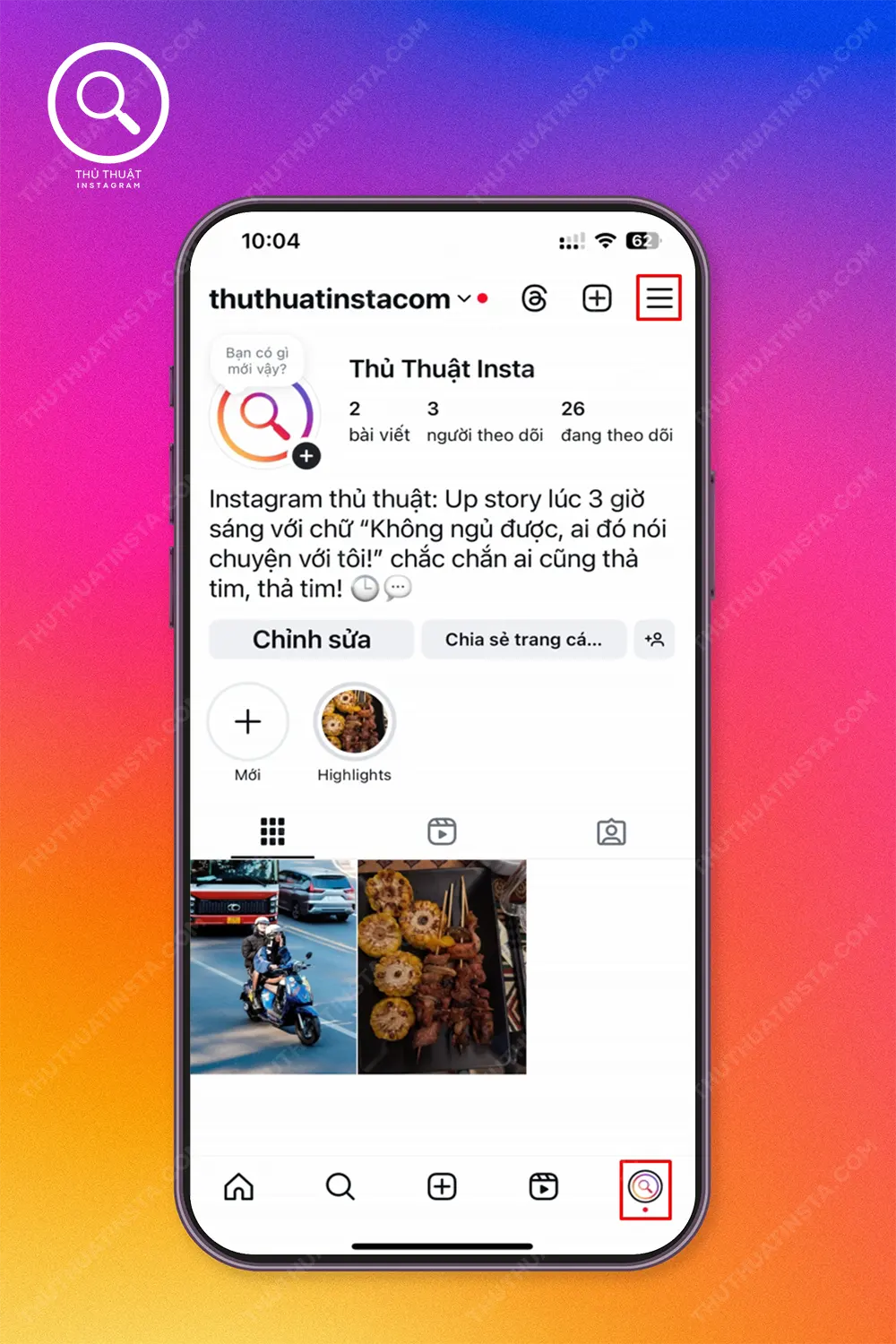 Bước 1: Truy cập ứng dụng Instagram, sau đó vào trang cá nhân của bạn.Bước 2: Chọn biểu tượng 3 gạch góc trên bên phải, để tùy chỉnh ứng dụng.