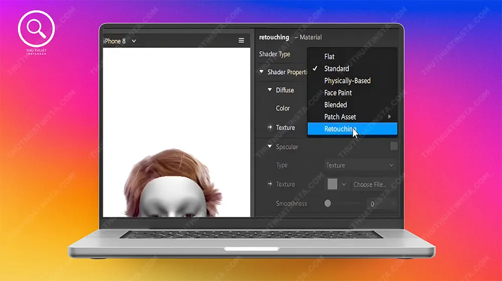 Bước 14: Tại tab retouch bên phải, tại “Shader Type” → Chọn “Retouching”.