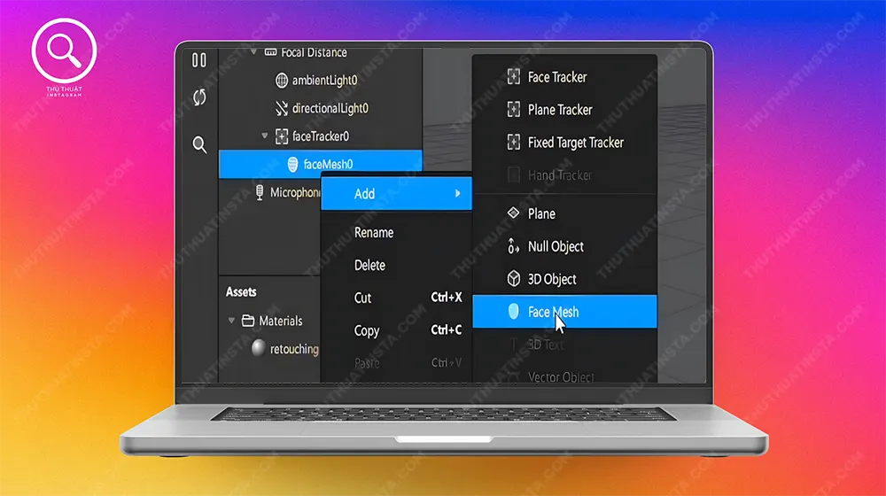 Bước 16: Tại tab bên trái, chọn “faceMesh” → Chọn “Add” → Chọn “Face Mesh”.