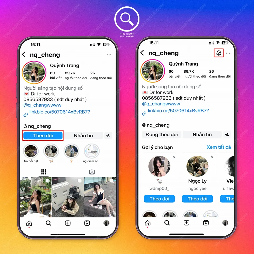 Bước 2: Chọn “Theo Dõi” → Chọn “Thông báo biểu tượng cái chuông”