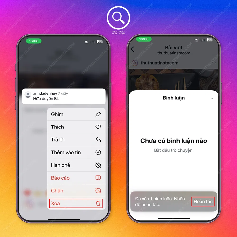 Bước 2: Chọn “Xóa” vậy là bình luận bạn không thích đã được xóa.