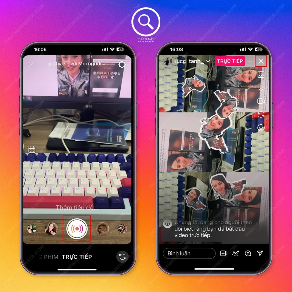 Bước 3: Sau đó quay về mục “Live trực tiếp” → Sau khi livestream xong mấy bạn tắt bằng cách chọn “Dấu X góc trên bên phải màn hình”