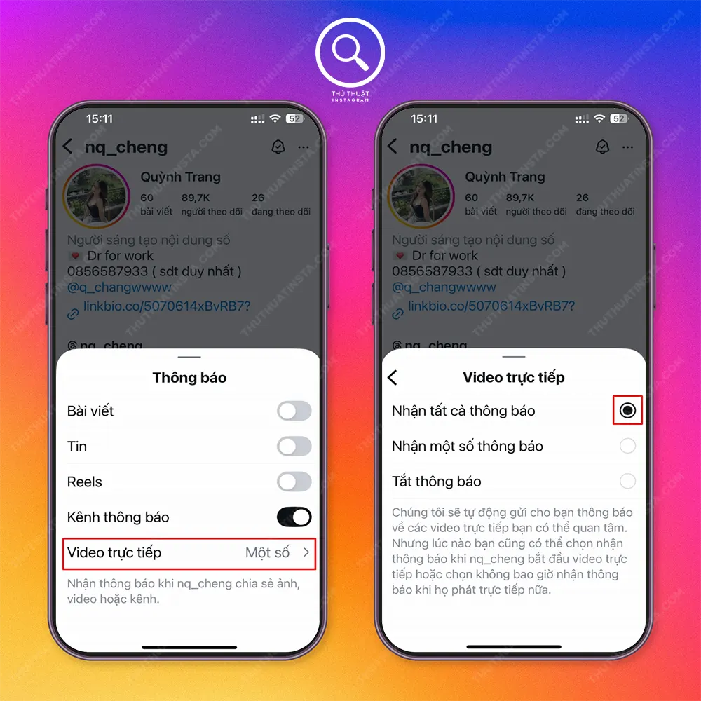 Bước 3: Chọn “Video trực tiếp” → Chọn “Nhận tất cả thông báo”