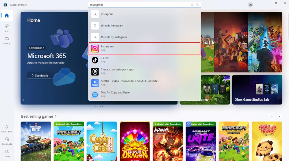 Bước 1: Cần truy cập vào Microsoft Store > Tìm Instagram.
