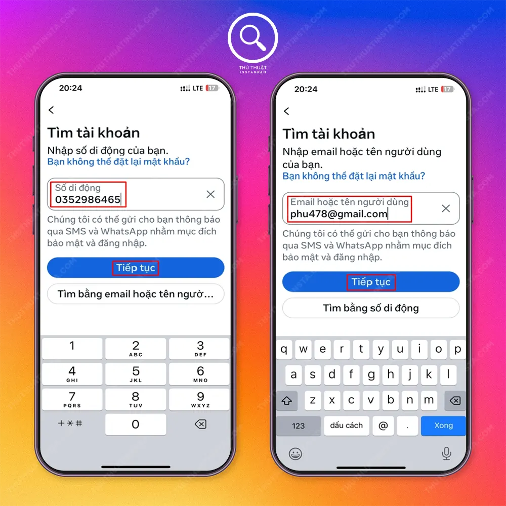 Bước 2: Nhập số điện thoại hoặc địa chỉ email → Chọn “Tiếp tục” để lấy mã xác nhận