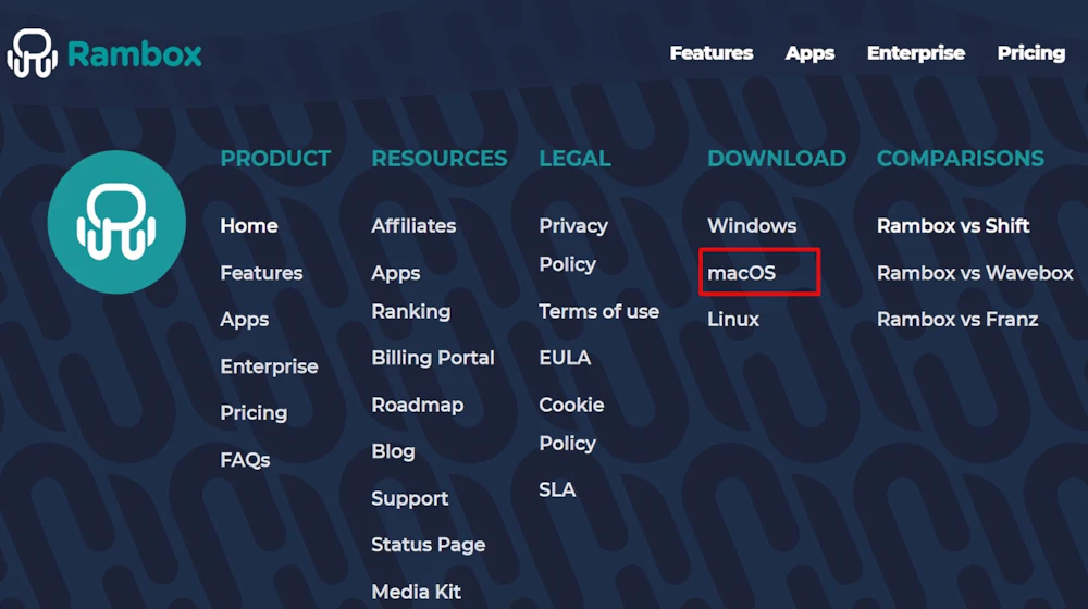 Bước 1: Vào website của Rambox đến cuối trang và chọn phiên bản macos.