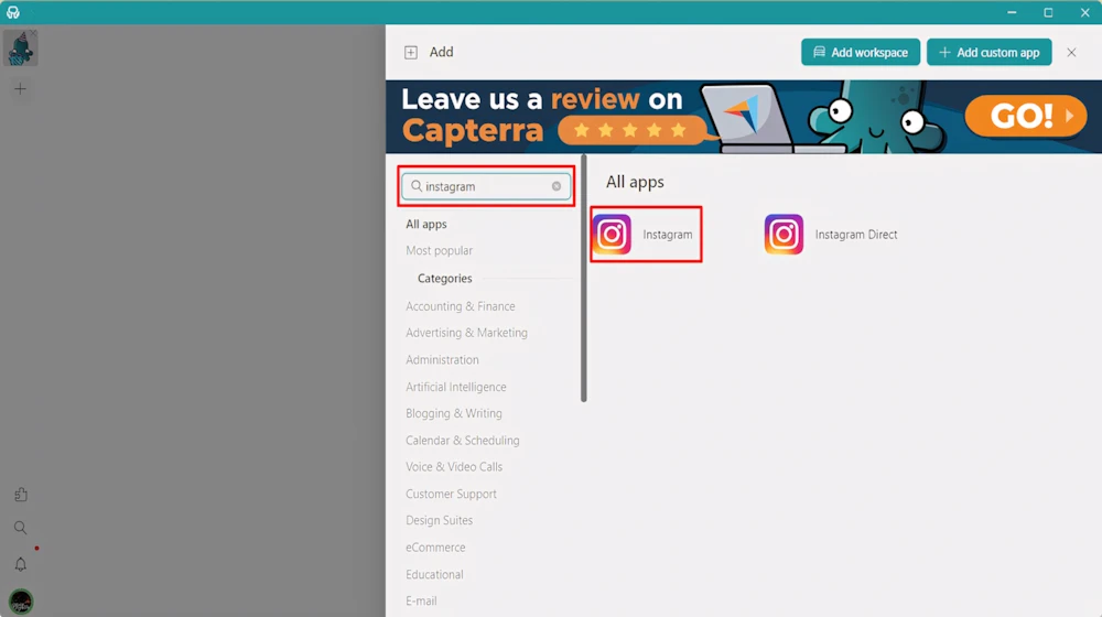 Bước 5: Nhập “Instagram” vào thanh tìm kiếm.