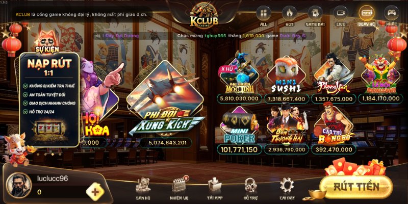 Giao diện game slots KClub trực quan với nhiều chủ đề nổi bật