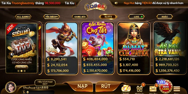 Danh mục game slot Top88 đa dạng, nhiều lựa chọn hấp dẫn